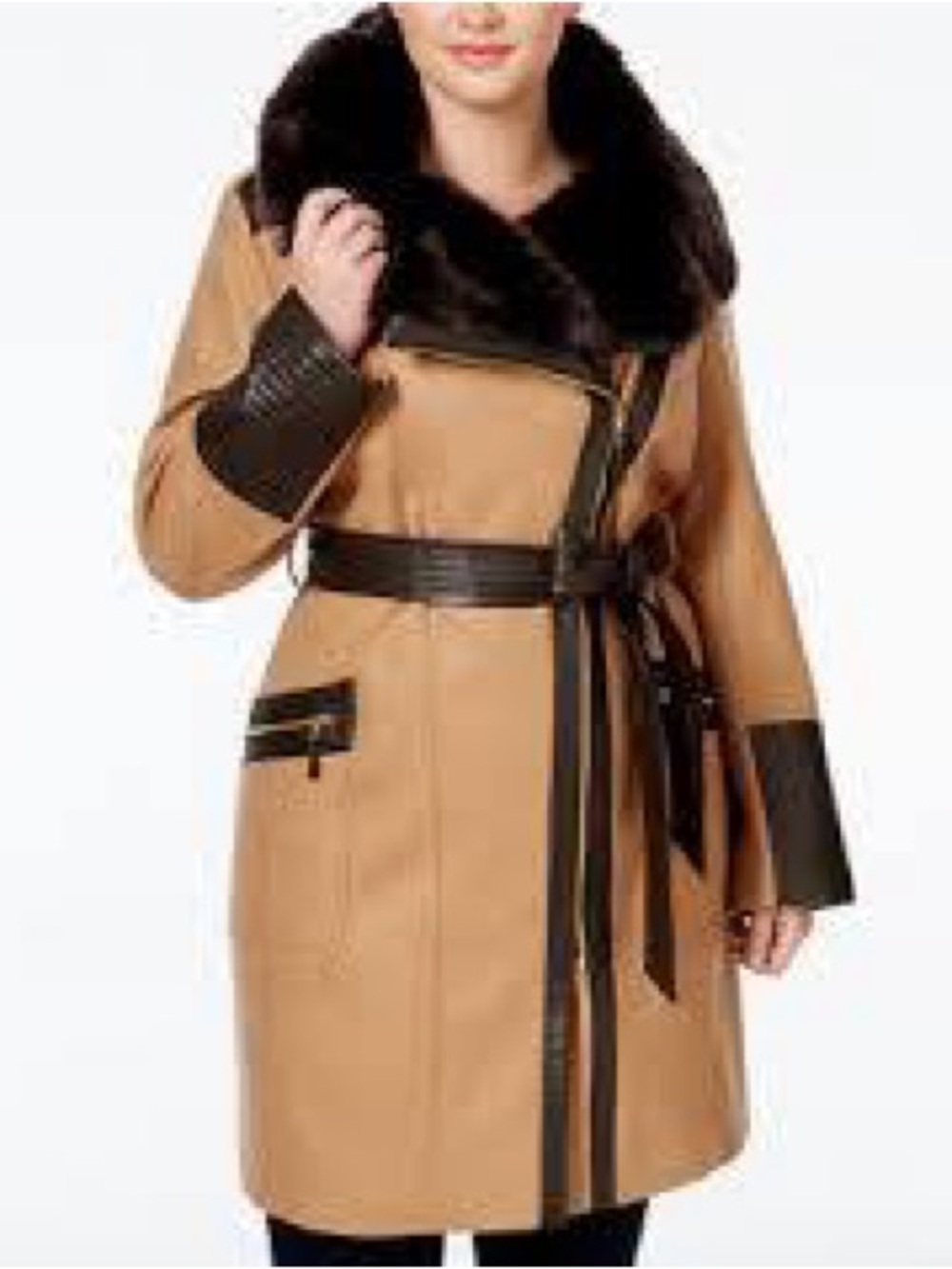 Via Spiga Tan Trench Coat with Dark Brown Faux-Fur Collar